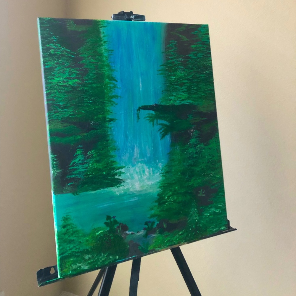 Acrylic art painting, forest and water fall